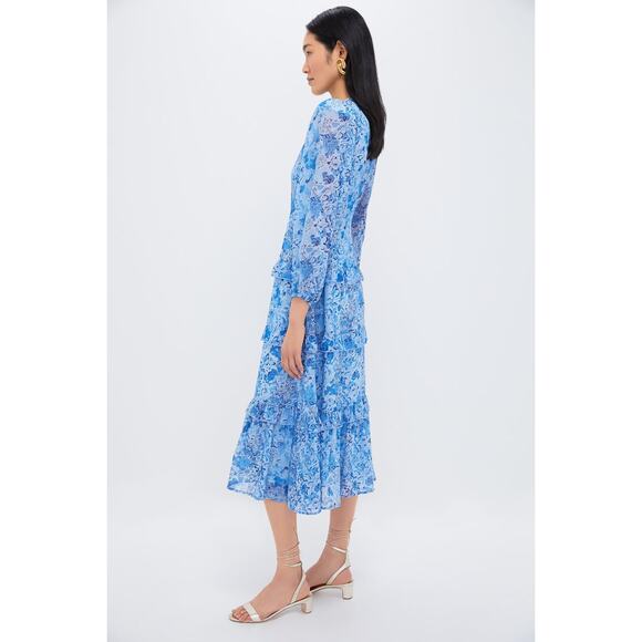 HYACINTH HOUSE Blue Multi Abstract Floral Rosalind Ruffle Midi Dress Size M NWT - Picture 5 of 10